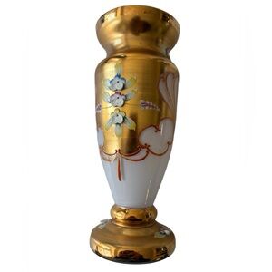 Vintage Bohemian hand painted Elegant milky glass gold gilded Floral Vase